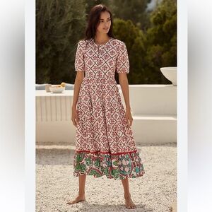 Anthropologie White and Red Printed Midi Dress with Green Accent